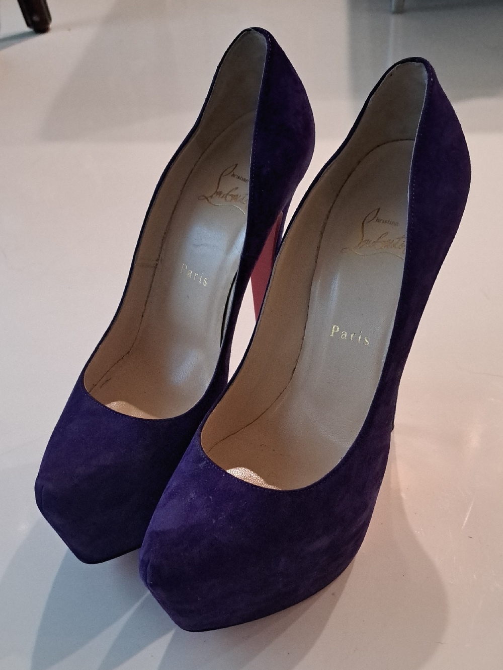 Christian Louboutin Purple Suede Platform Pumps with Red Soles